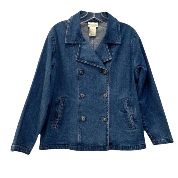 Appleseeds Denim Jacket Double Breasted Cotton Blend Blue Sz Medium Petite - Picture 1 of 7